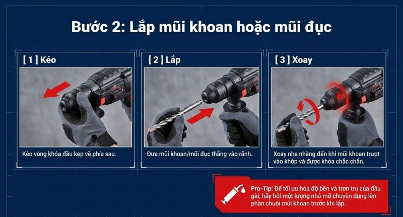 Bước 2: Lắp mũi khoan hoặc mũi đục