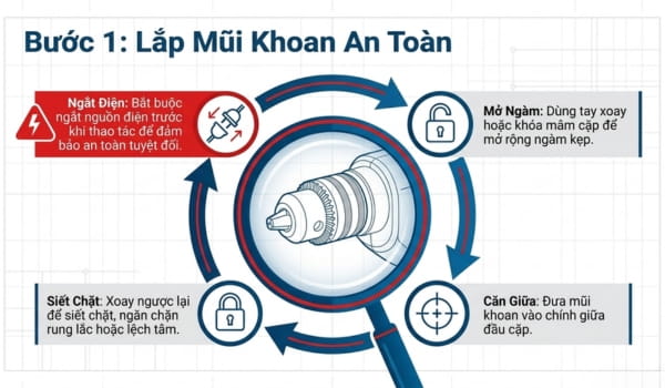 Hướng dẫn lắp mũi khoan của Cấu tạo bộ phận chính của máy khoan bắt vít Bosch GBM 400