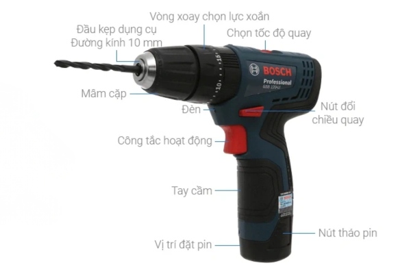 Các bộ phận chính của máy khoan động lực pin Bosch GSB 120-LI GEN II