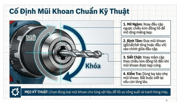 Lắp mũi khoan vào máy đúng kỹ thuật để làm việc an toàn và hiệu quả 