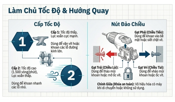 Sử dụng nút đảo chiều quay để thay đổi chế độ khoan, siết hoặc tháo vít 
