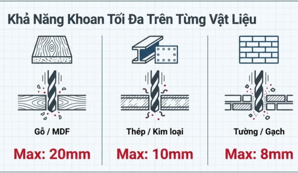 Khả năng khoan trên vật liệu của Bosch GSB 120-LI GEN II 