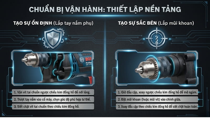 Hướng dấn lắp đắp tay cầm phụ và mũi khoa/vít 