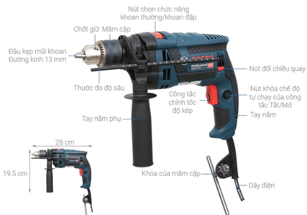 Cấu tạo và các nút chức năng của máy khoan Bosch GSB 16 RE
