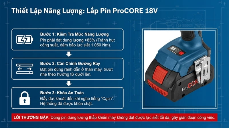 Lắp pin cho máy siết bu lông BOSCH GDS 18V-1050 H  