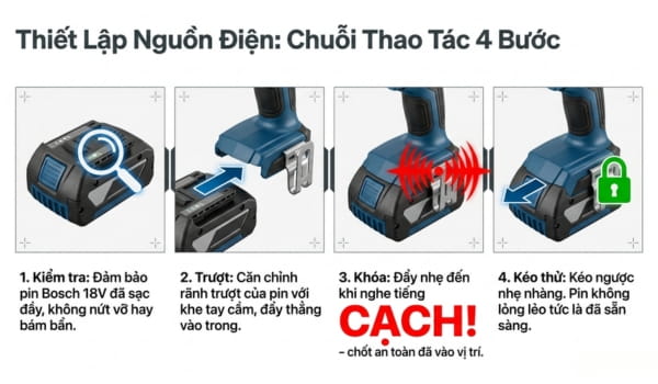 Sạc và lắp pin vào thân máy siết bu lông Bosch GDS 18V 350