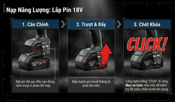 Sạc đầy pin và lắp vào thân máy thật chắc chắn 