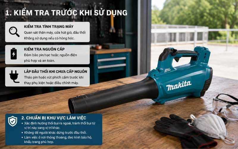 Trước khi sử dụng, người dùng nên kiểm tra máy, nguồn cấp và khu vực làm việc