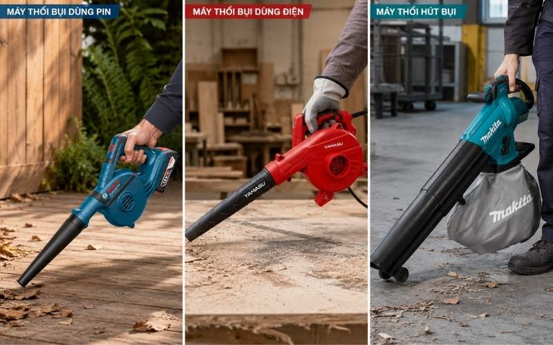 3 dạng máy thôi bụi phổ biến là dùng pin, điện và tích hợp thổi hút