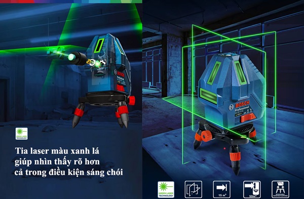 Máy cân mực Bosch GLL 50-15 XG dùng tia xanh đo chính xác