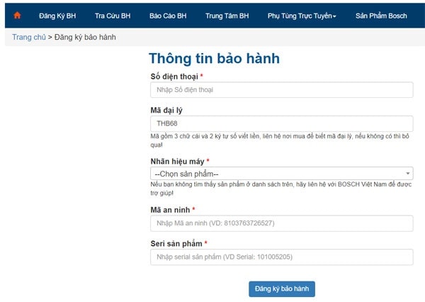 Điền các thông tin trên máy vào mục đăng ký bảo hành